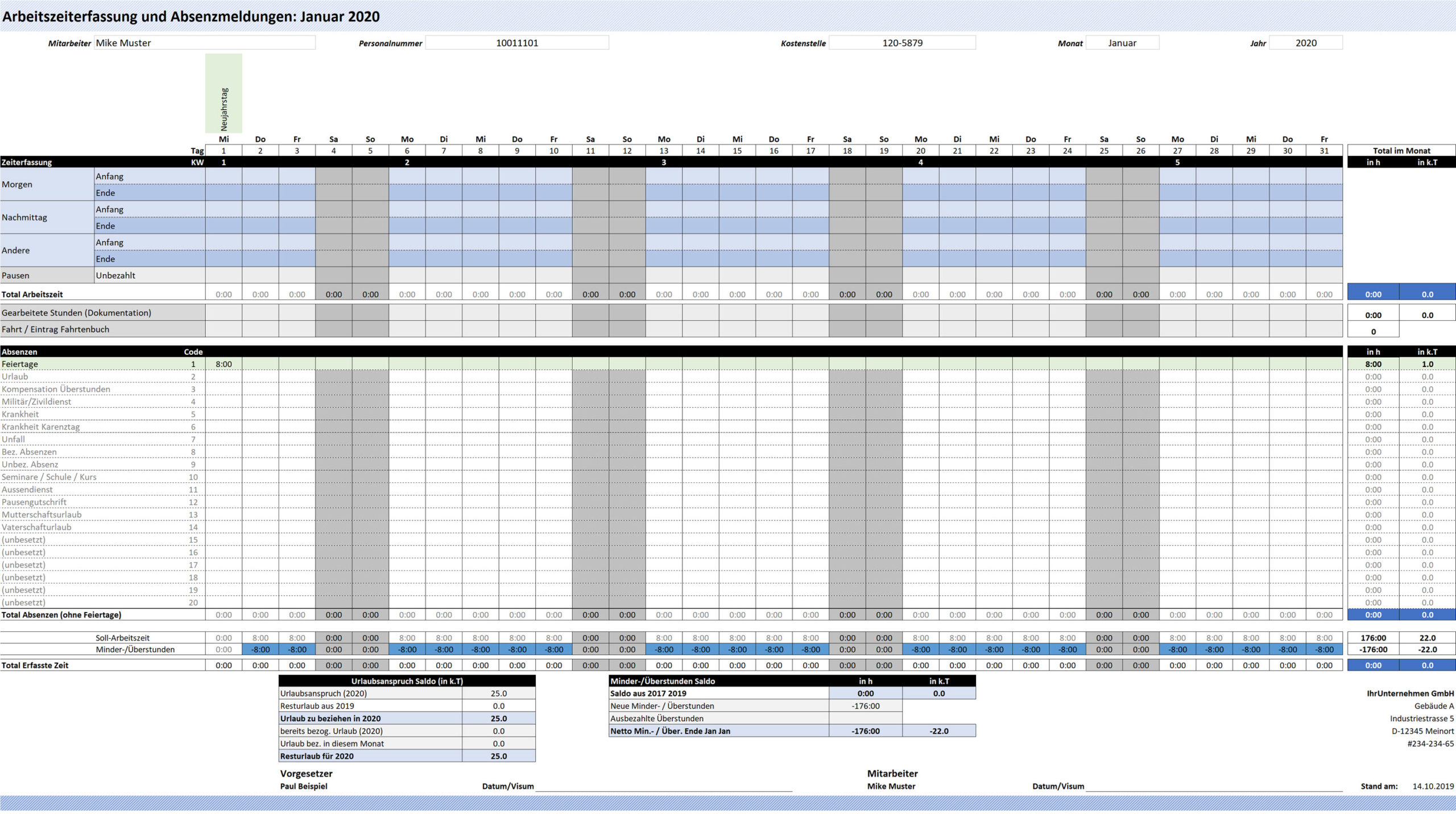 Arbeitsstunden 2021 : Excel Vorlagen Zeiterfassung ...